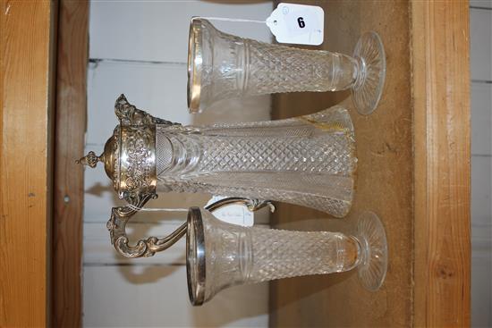 Cut glass tapered cylindrical claret jug (a.f) with Wm Comyns ornate silver mount & 2 cut glass vases with silver rims